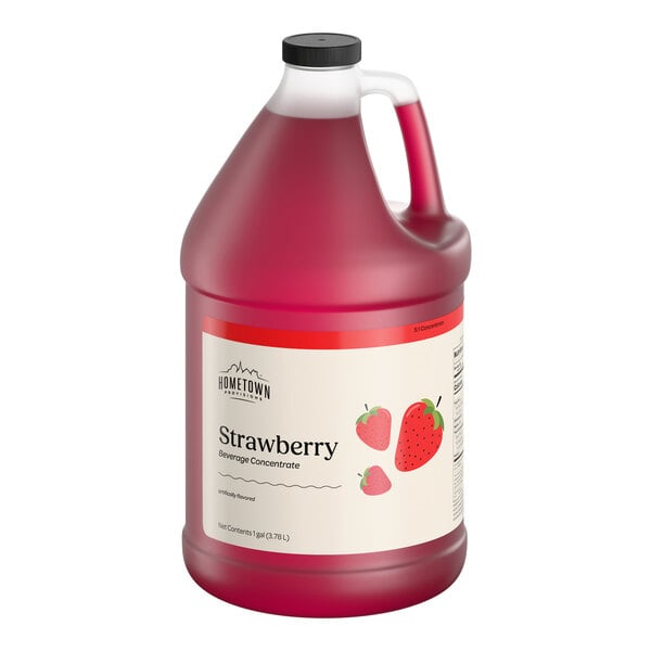 A 1-gallon jug of Hometown Provisions strawberry beverage concentrate.