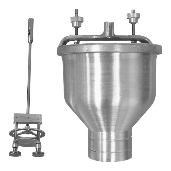 A stainless steel funnel with a metal handle.