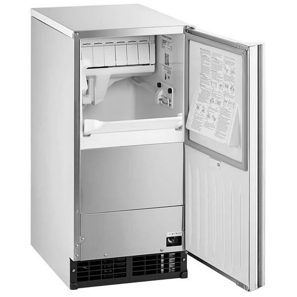 A white and silver Hoshizaki undercounter ice machine with a door open.