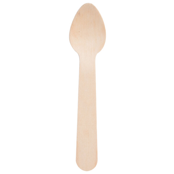A close-up of an Eco-gecko heavy weight disposable wooden taster spoon with a spoon handle.
