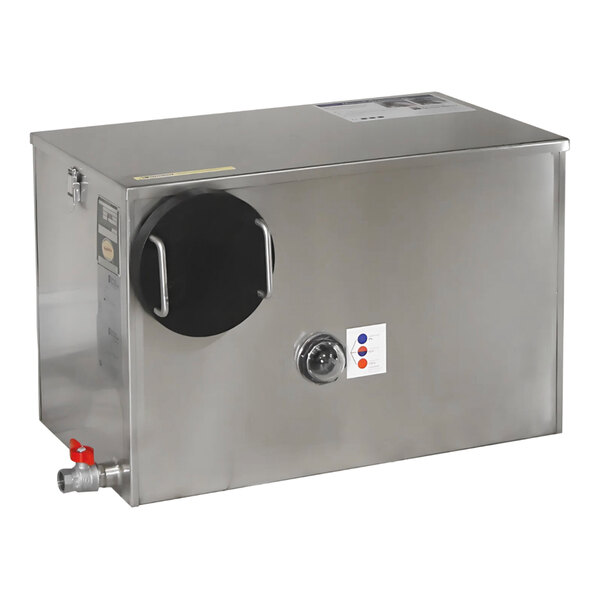 A stainless steel manual grease trap with a side handle and valve, designed for commercial kitchen use.
