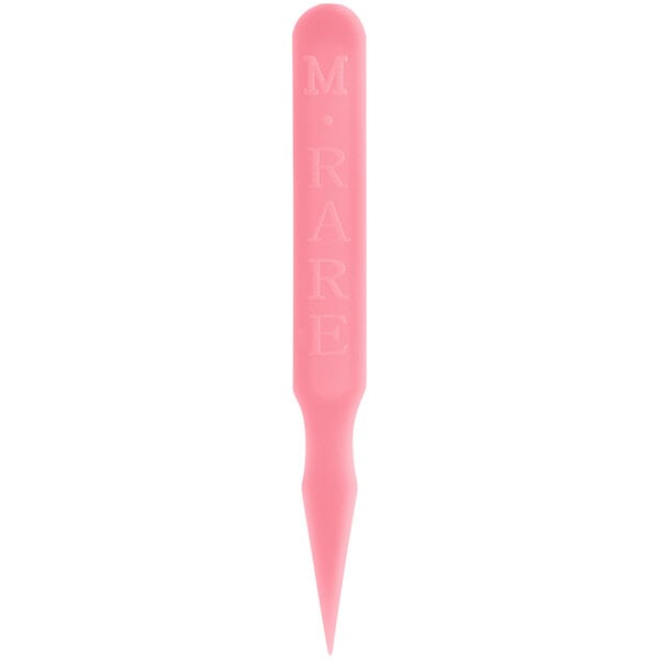 A pink plastic Royal Paper toothpick with the word "rare" in black.