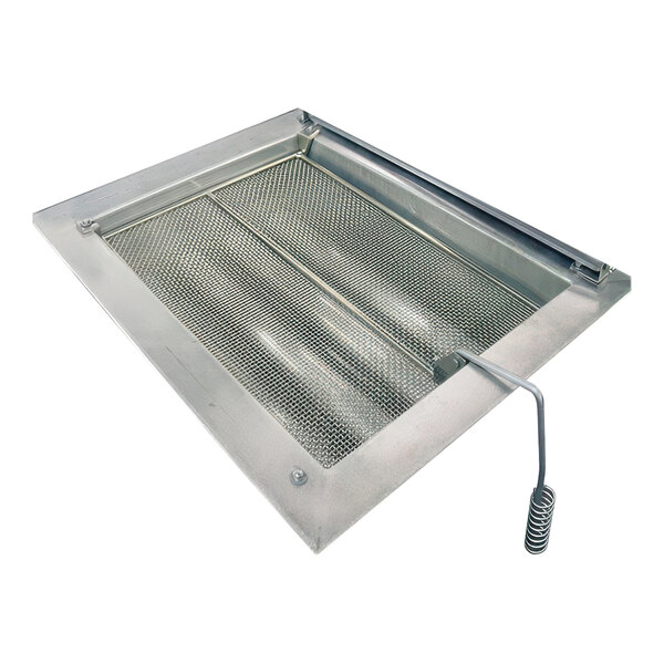 A stainless steel square with a wire mesh panel and a handle.