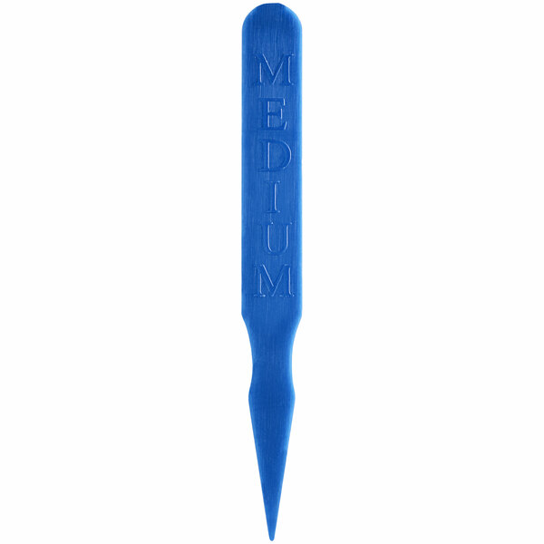 A blue plastic Royal Paper steak marker with the word "medium" in black.