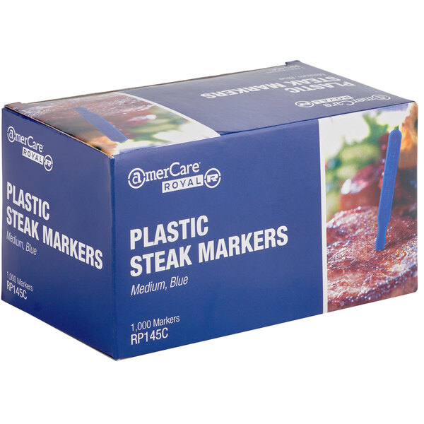 A blue box of Royal Paper blue plastic steak markers with white text and images.