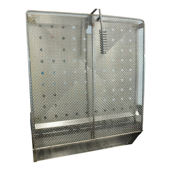 A metal cage with a wire mesh panel.