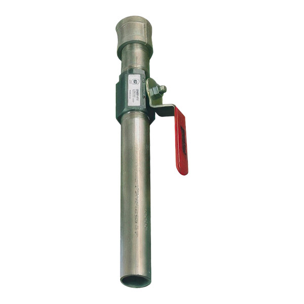 A close-up of a metal cylinder with a red handle on one end.