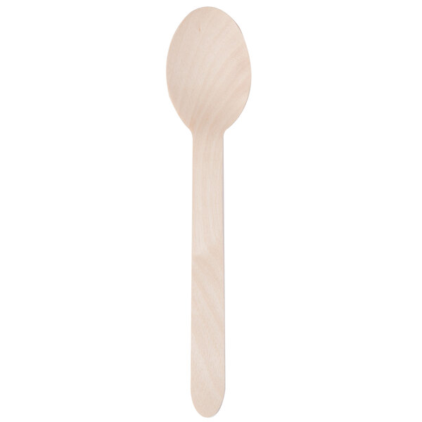 A close-up of an Eco-gecko heavy weight disposable wooden spoon on a white background.