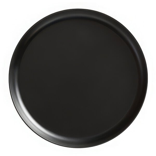An American Metalcraft black round melamine coupe plate with a black rim on a white background.