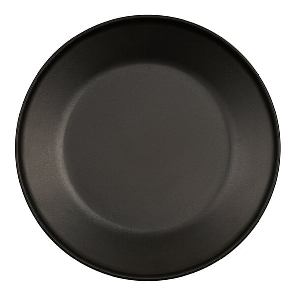 A black Cal-Mil melamine plate with a white background.