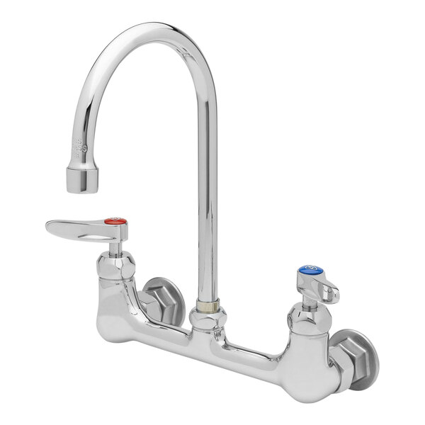 A T&S chrome wall mount faucet with two handles and two faucets.