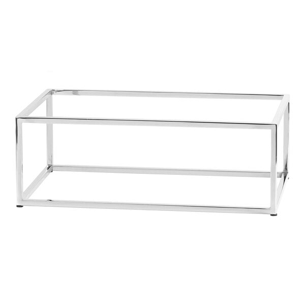 A chrome metal rectangular display riser with a white background.