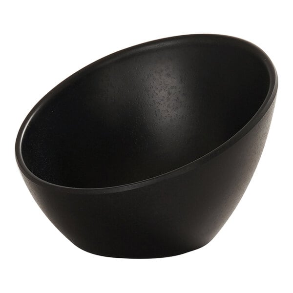 A black Cal-Mil melamine bowl with a black rim on a white background.