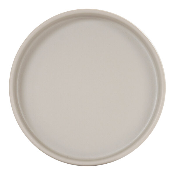 A round, ash-colored melamine plate with a raised rim.