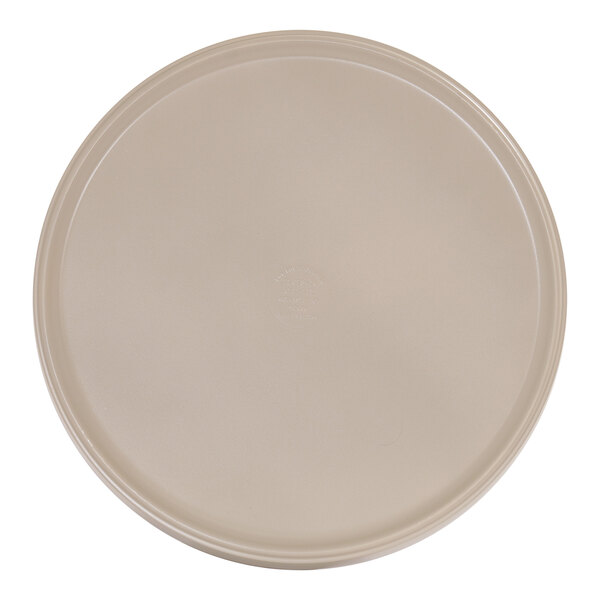 A round taupe melamine plate with a raised rim.