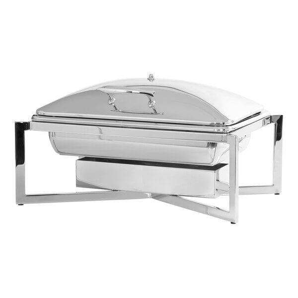 A Cal-Mil Milo chrome chafer with a soft-close lid.