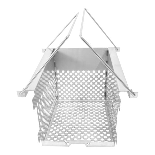 A Mack's Fryers metal turkey basket with holes.