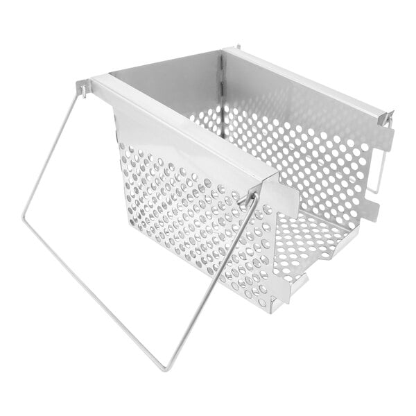 A white metal Mack's Fryers turkey basket with a handle and holes.