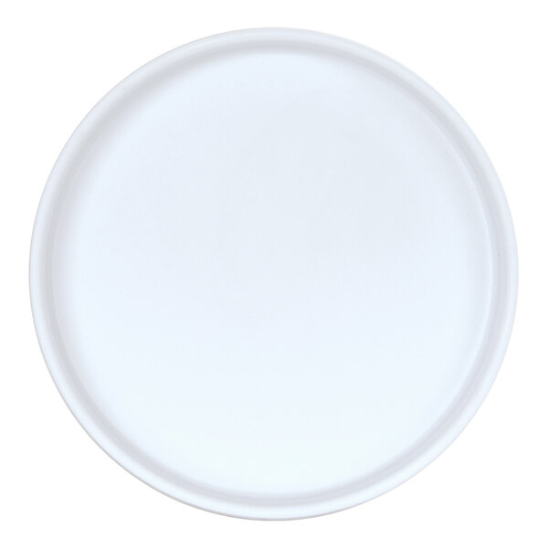 A round white melamine plate with a raised rim.