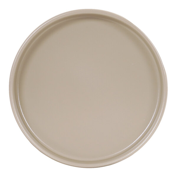 A round taupe melamine plate with a raised rim.