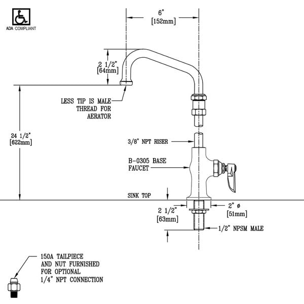 A diagram of a T&S deck-mounted single hole faucet with a 6" swing nozzle and 18" riser.