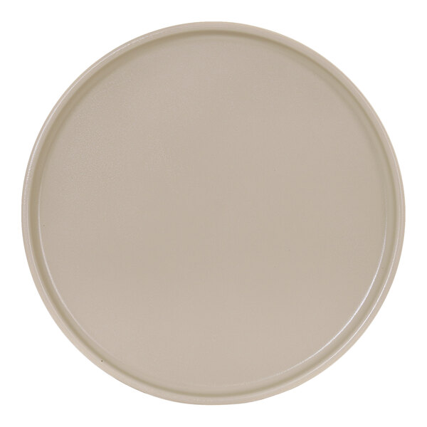A round taupe melamine plate with a low rim.