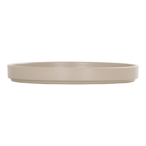 A taupe-colored, low rim melamine plate.