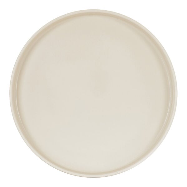 A round ivory melamine plate with a raised rim.