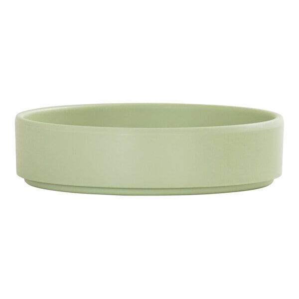 A light green, round melamine plate with a raised rim.