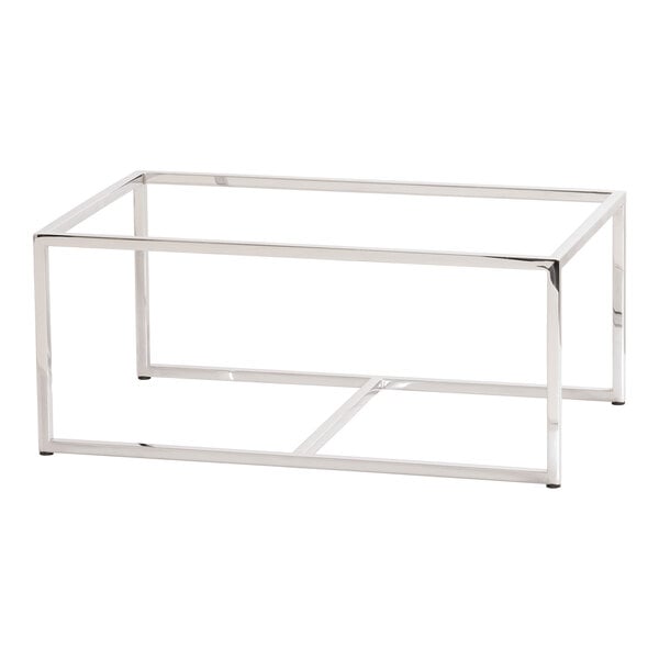 A silver rectangular Cal-Mil display stand.