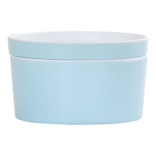 A blue container with a white lid.