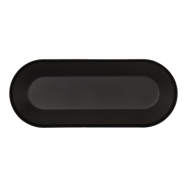 A black oval Cal-Mil melamine platter with a black border.