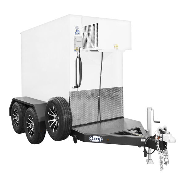 A white box trailer with black wheels.