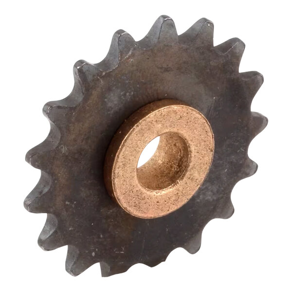 A white metal Star idler sprocket assembly with a gear wheel.