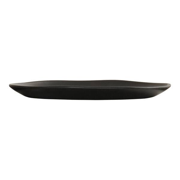 A black round melamine plate with a slightly raised edge.