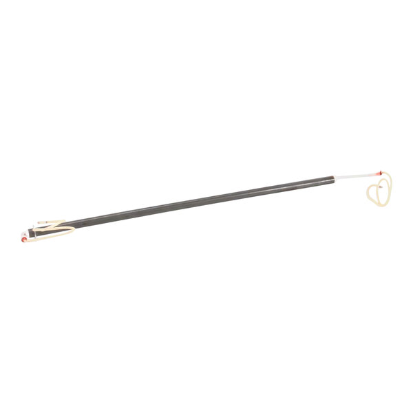 A long metal bar with a red and black object on the end.