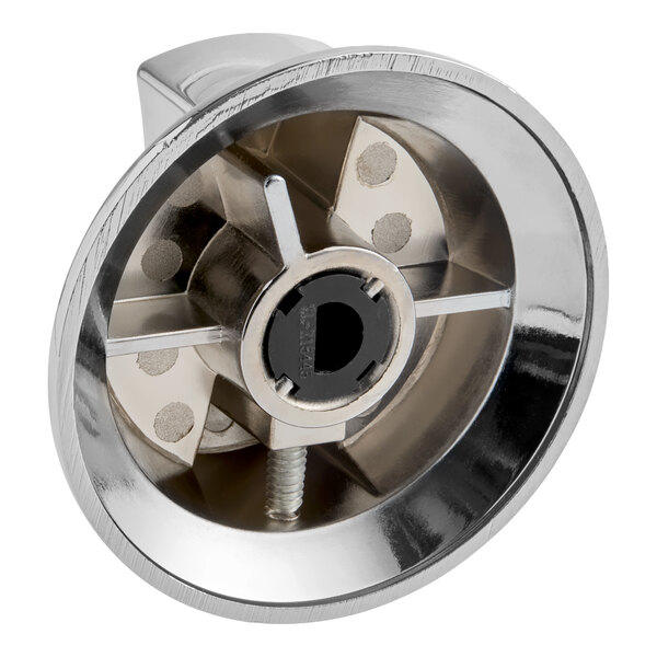 A metallic, circular knob assembly with a central screw and radial supports, viewed from the back.