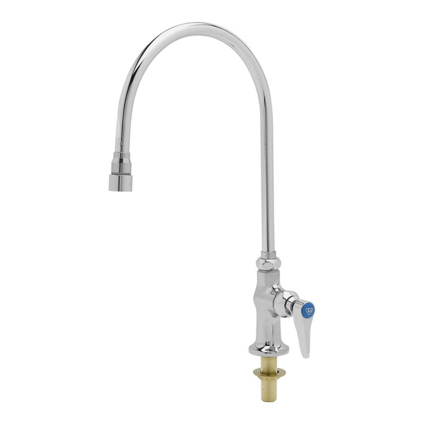 A silver T&S deck-mount faucet with a blue knob.