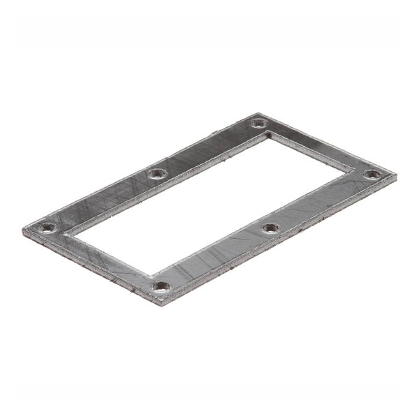 A rectangular metal gasket with holes.