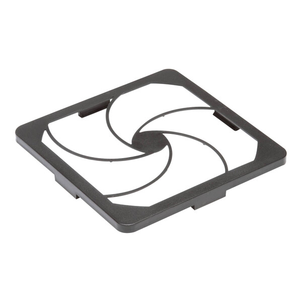 A black square retainer with a white circular design.