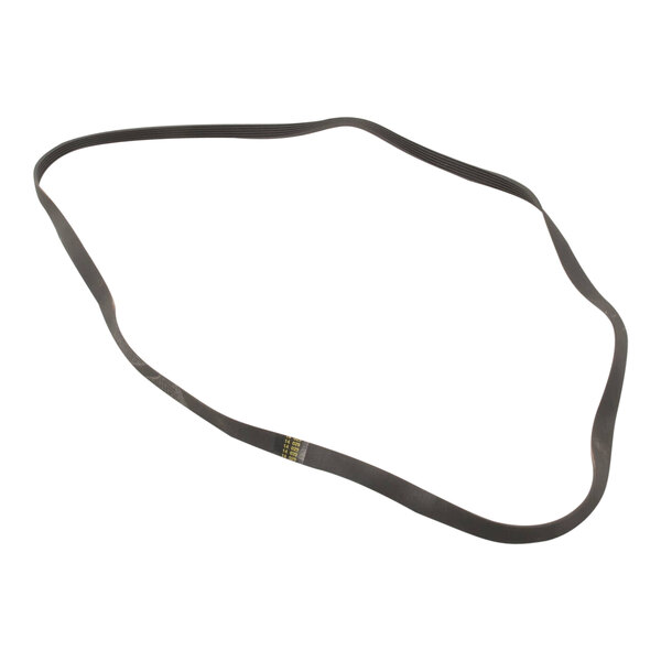 A black rubber poly v belt with a small hole in it.