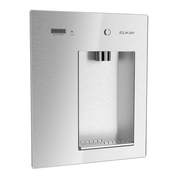 A Zurn Elkay stainless steel water dispenser with a silver handle.