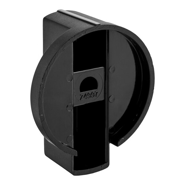 A black, circular plastic or metal knob with a partial cutout and a rectangular base.