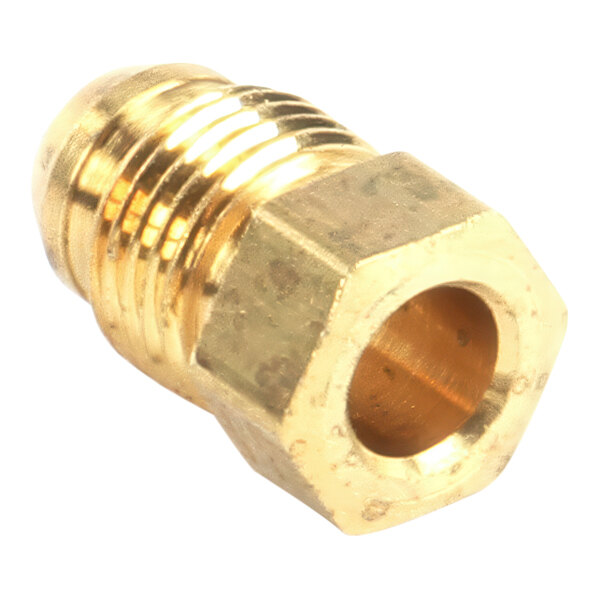 A close-up of a brass threaded nut.