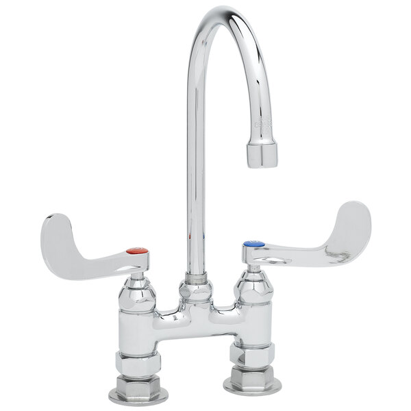 A T&S chrome deck-mounted faucet with two gooseneck spouts and wrist handles.