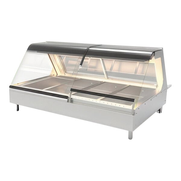 A stainless steel full-serve hot food merchandiser with four wells and a glass display case.
