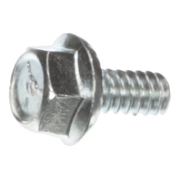 A close-up of a BKI screw with a hex head and a nut on it.