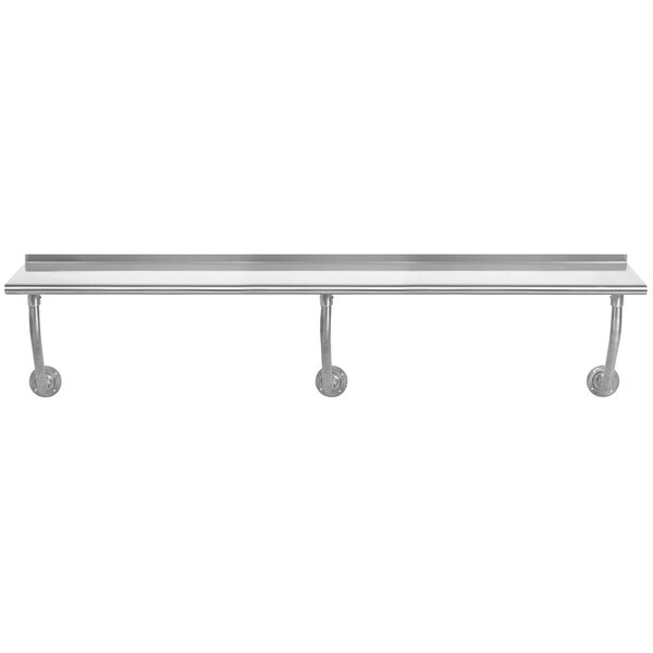 An Advance Tabco stainless steel wall mounted table with two shelves.