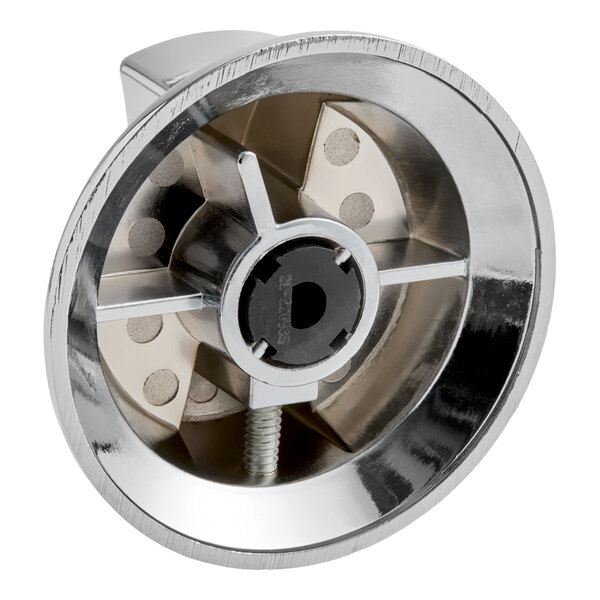 A metallic, circular knob with a reflective surface, central screw, and radial supports.