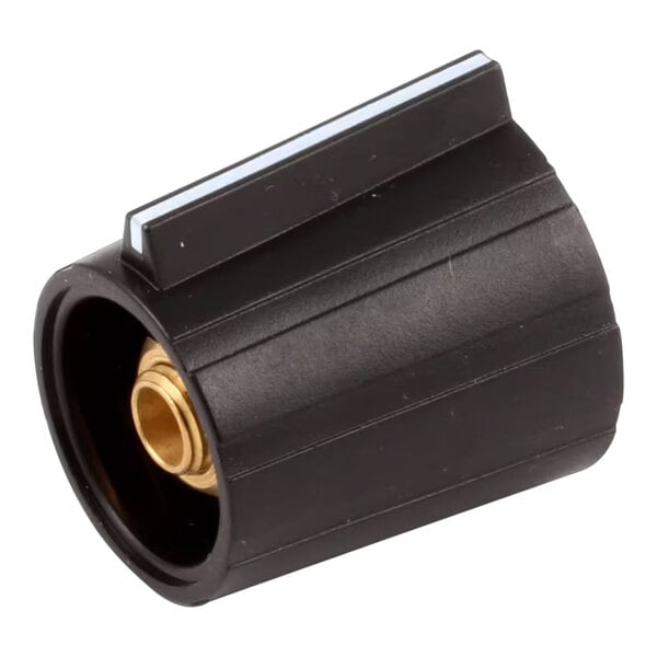 A black plastic cylinder with a gold metal connector.